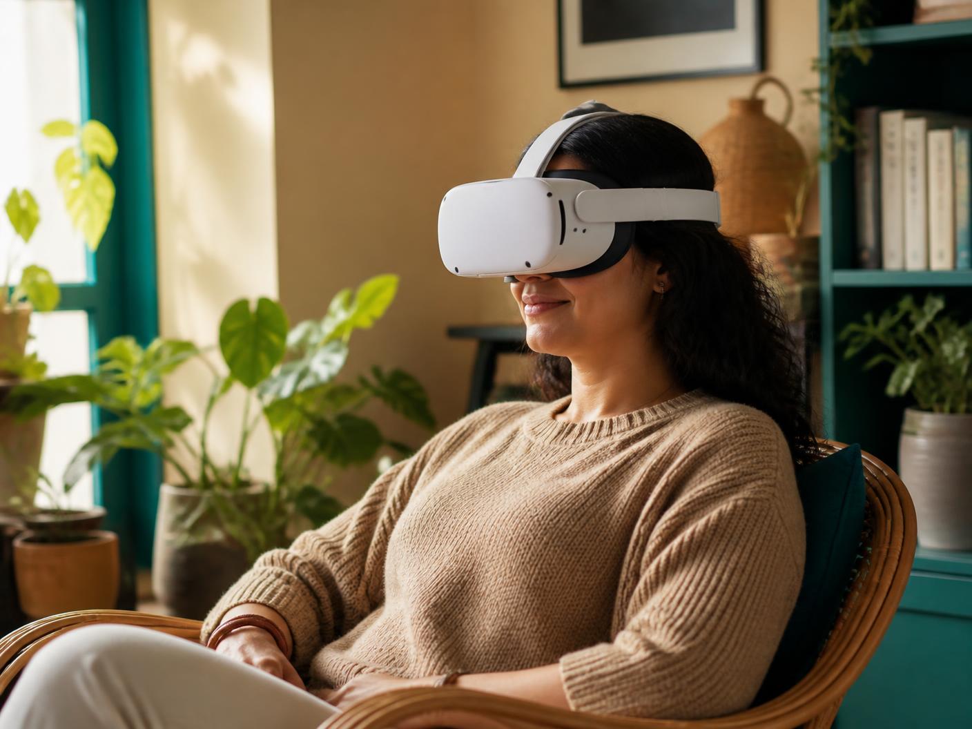 A person relaxed in a bright, plant-filled room wearing a virtual reality headset